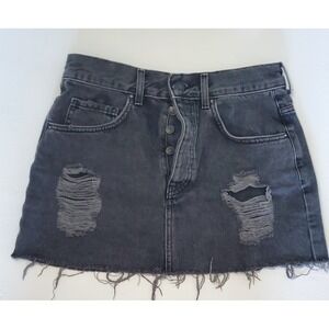 Forever 21 Black Denim Mini Skirt Ripped‎ Distressed Frayed Hem Size 27
